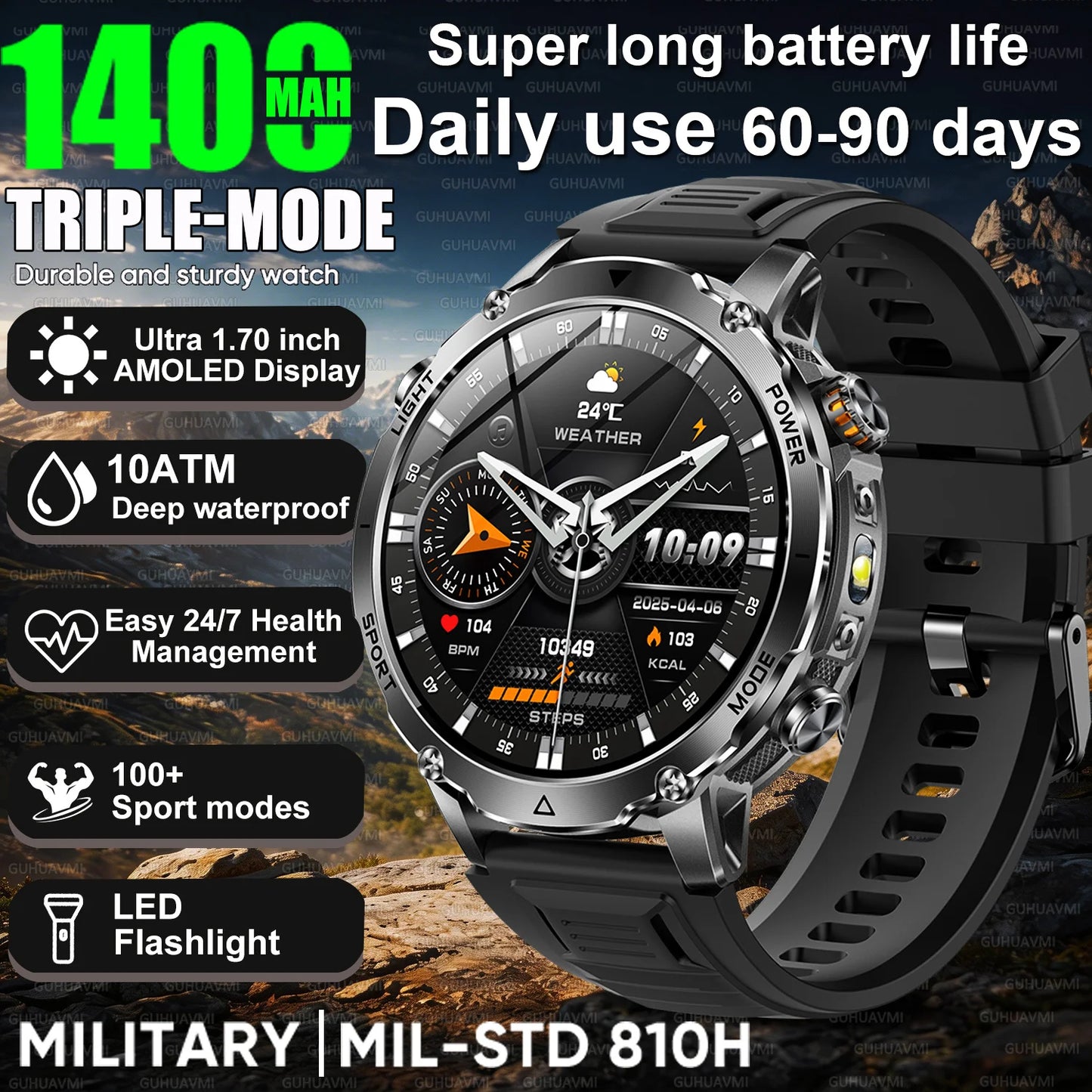 2026 Nowy Wojskowy CZOŁG Smartwatch Połączenia Bluetooth Wodoodporność 10ATM Bateria 1400mAh Monitorowanie Tętna Zegarek Sportowy Outdoor Męski