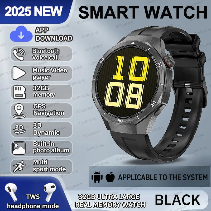 2025 NEW Fashion Men 32GB Big Memory SmartWatch APP Download TWS 3D Menu GPS Navigation Video Play Motion HD Call Watch GUHUAVMI