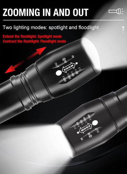 T6 Strong Light Flashlight LED Aluminum Alloy Telescopic Zoom Battery Version Charging Outdoor Searchlight Remote Flashlight