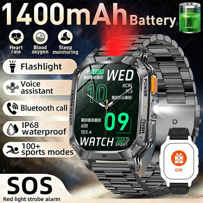 New Rugged Military Smart Watch Men 1400 mAh battery 2.01inch Bluetooth Call Health monitoring device LED flashlight Smart watch