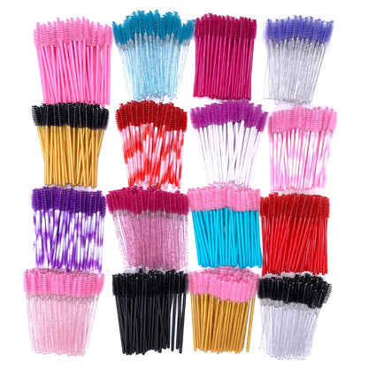 50 Pcs Shiny Crystal Eyelash Applicator Disposable Diamond Handle Nylon Two Colors Mascara Wands Spoolies Pink Brushes