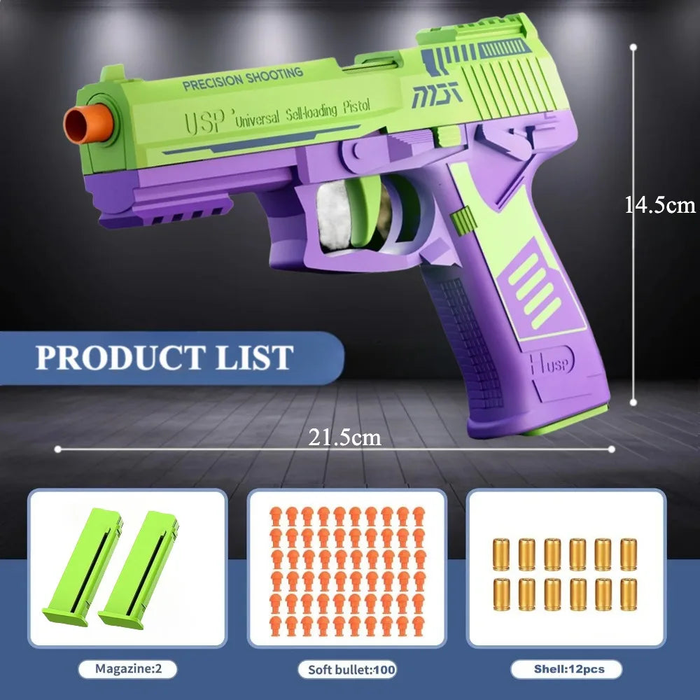 USP Soft Bullet Toy Pistol Shell Ejecting Continuous Firing Empty Hanging Design Outdoor Interactive Game Toy for Kids Gift