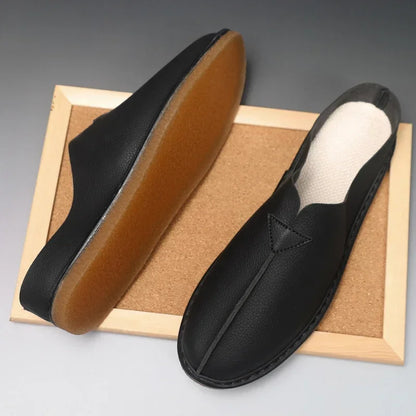 Fashion Leather Men Casual Shoes Slip on Man Loafers Breathable Soft Half Slippers Summer Flats Lightweight Lazy Driving Shoes