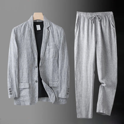 High Quality Men Blazer Jacket and Pants Man Linen Blazer  2 Piece Suit Spring Summer Thin Style Fashion Casual Set Long Sleeve