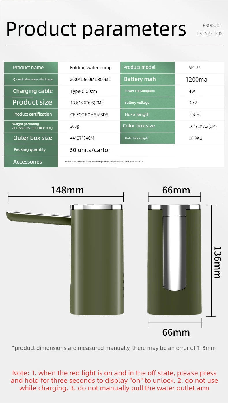 Electric Water Pump Household Bottled Water Water Extractor Folding Purified Water Dispenser Suction Pump Outdoor