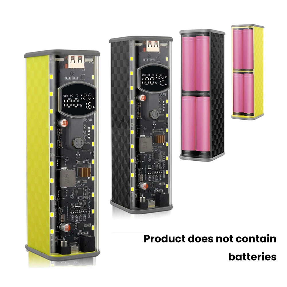 65W PD Fast Charge 8-Cell Solderless 18650 Power Bank Case 3.3-24V Adjustable DC DIY Battery Box LED Display Outdoor Light