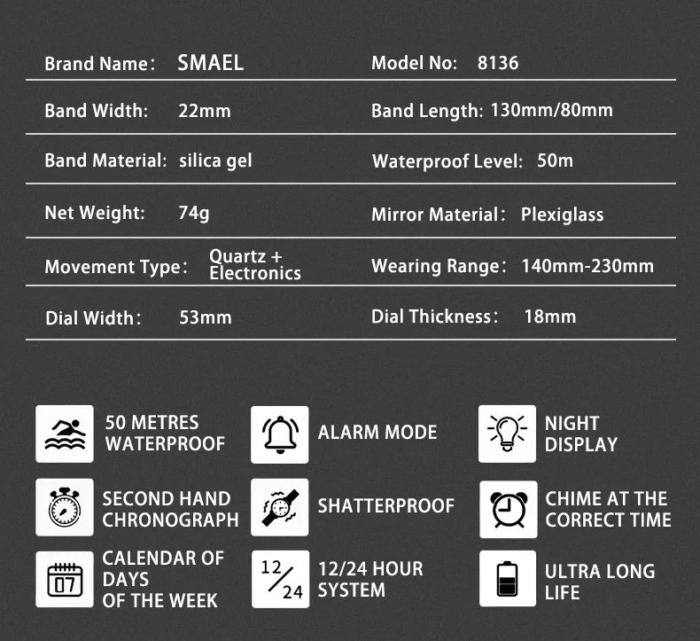 SMAEL 8136 Dual Display Military Watch for Men - 50M Waterproof LED Alarm Chronograph Stopwatch Shock Resistant