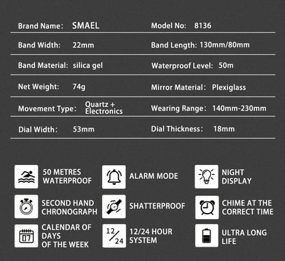 SMAEL 8136 Dual Display Military Watch for Men - 50M Waterproof LED Alarm Chronograph Stopwatch Shock Resistant