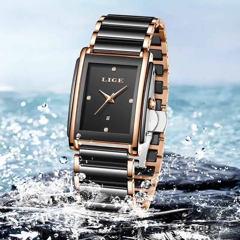 LIGE Creative Square Watch For Women Fashion Elegant Women's Bracelet Watch Stainless Steel Waterproof Date Quartz Wristwatches