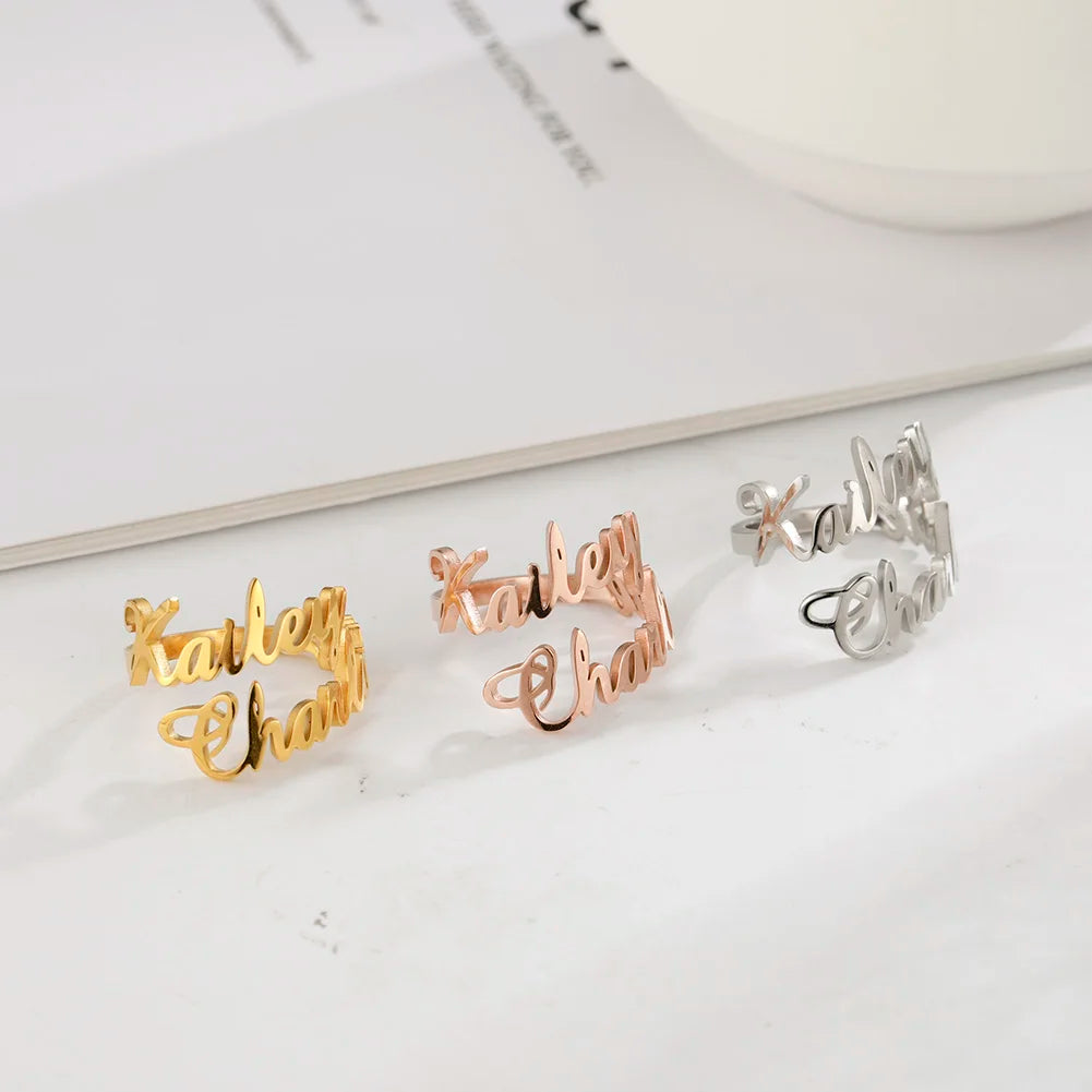 Custom Double First Name Finger Ring For Women Men Personalized Couple Wedding Gift Gold Color Stainless Steel Open Ring Jewelry
