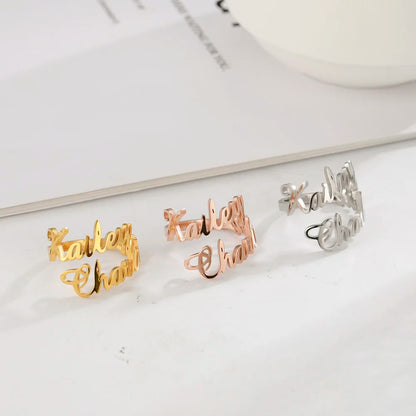 Custom Double First Name Finger Ring For Women Men Personalized Couple Wedding Gift Gold Color Stainless Steel Open Ring Jewelry