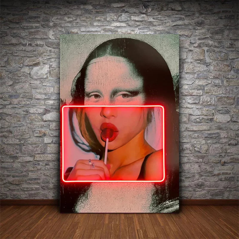 Mona Lisa with Lollipops Neon Pop Art Canvas Print Posters Canvas Painting Abstract Portrait Fashion Wall Art Picture Home Decor