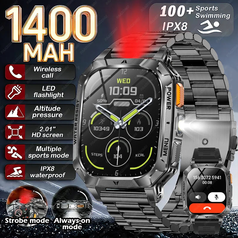 New Rugged Military Smart Watch Men 1400 mAh battery 2.01inch Bluetooth Call Health monitoring device LED flashlight Smart watch