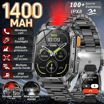 New Rugged Military Smart Watch Men 1400 mAh battery 2.01inch Bluetooth Call Health monitoring device LED flashlight Smart watch