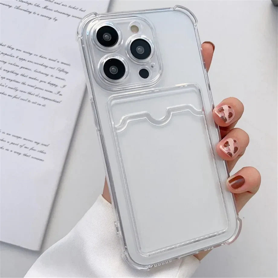 Przezroczyste Etui Portfelowe na Karty do iPhone 16 15 14 13 12 11 Pro Max Mini X XR 7 8 Plus Przezroczysta Odporna na Wstrząsy Miękka Obudowa