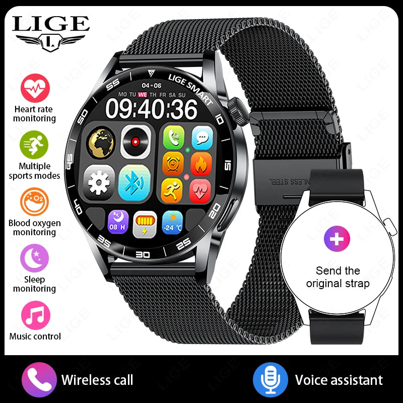 LIGE Full Touch Smartwatch Outdoor Military Smart Watch 1.38" HD Screen Bluetooth Call IP68 Waterproof Sport Fitness Watches Men