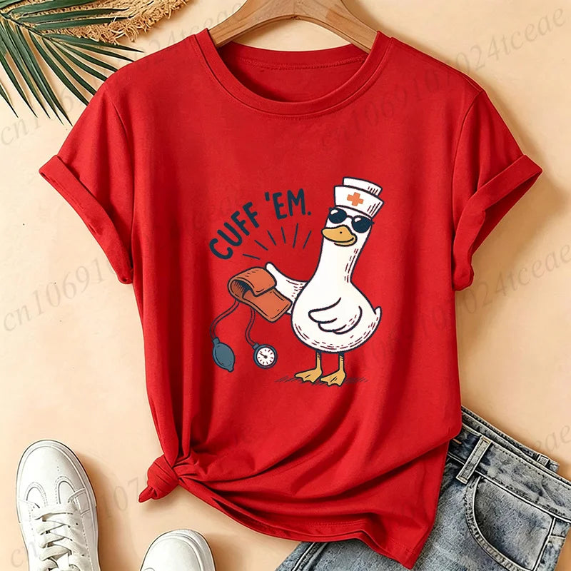 Women Funny Cuff 'Em Duck Nurse T‑Shirt Cute Cartoon Duck Blood Pressure Print Short Sleeve Tops Nurse Appreciation Gift Tees