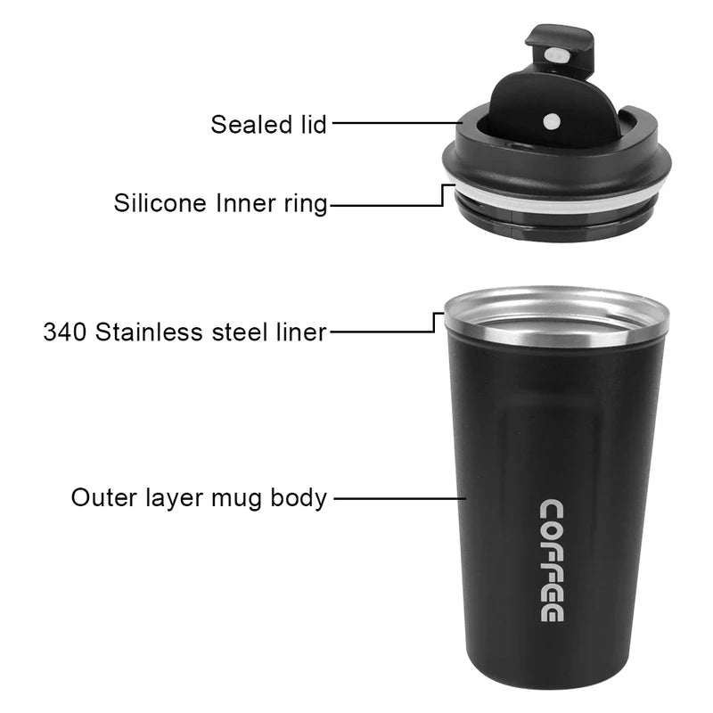 Thermo Cafe Coffee Mug Car Thermos, 380/510ml Leak-Proof Travel Cup for Tea Water Coffee, Double Stainless Steel