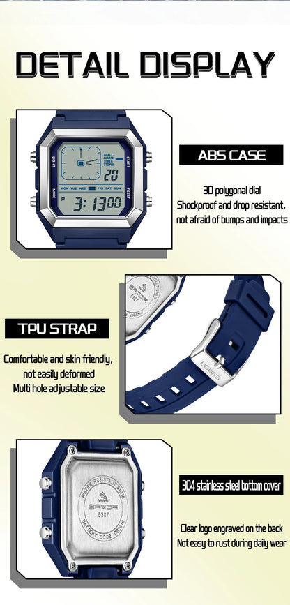 SANDA 6307 Casual Men's LED Electronic Watch Waterproof Sports Alarm Clock Multi functional Student Fashion Electronic Watch