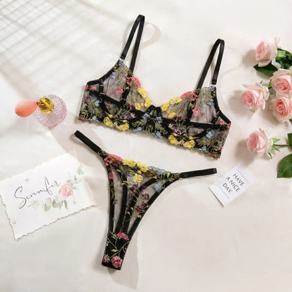 2-Piece Floral Lingerie Set Sheer Embroidery Underwear Intimates Underwire Push-up Versatile Bra Panty Set For Lady Girl