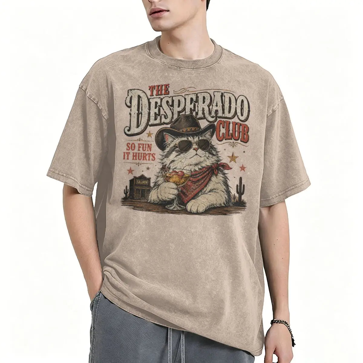 Vintage Washed Western Cowboy Cat T-shirt Cute Animal Manga T-shirts Men Women Cotton Casual Oversized T Shirt Tops