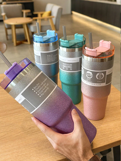 Gradient starlight double-layer stainless steel insulated and chilled cup - with a straw, flat-bottled cup, coffee cup, car cup