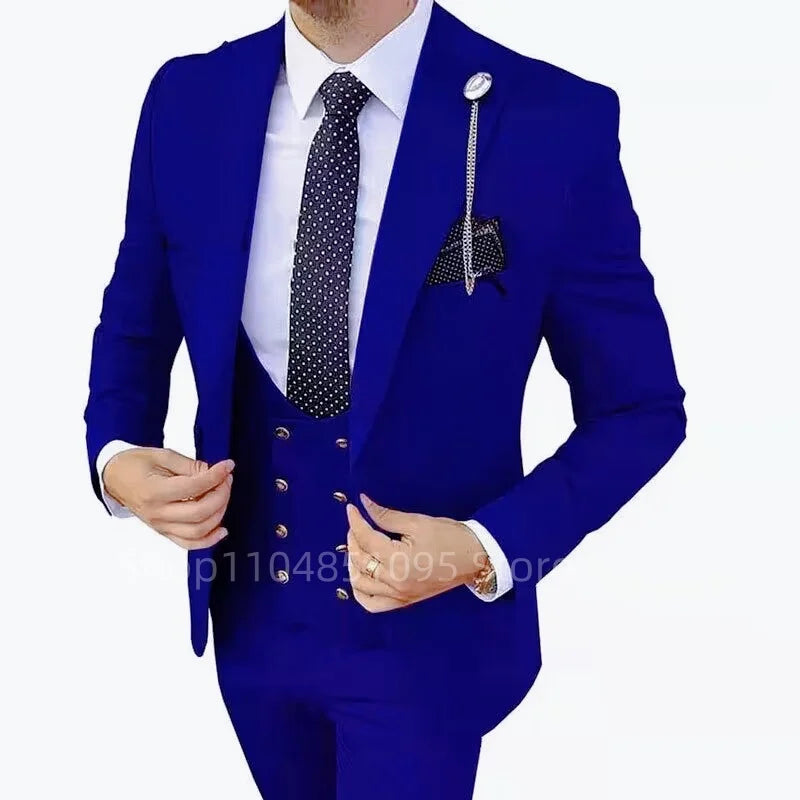 Solid Men's 3 Piece Suit Slim Fit Men Tuxedo Suit Party Wedding Prom Business One Button Peak Lapel Blazer Jacket Vest Pants Set