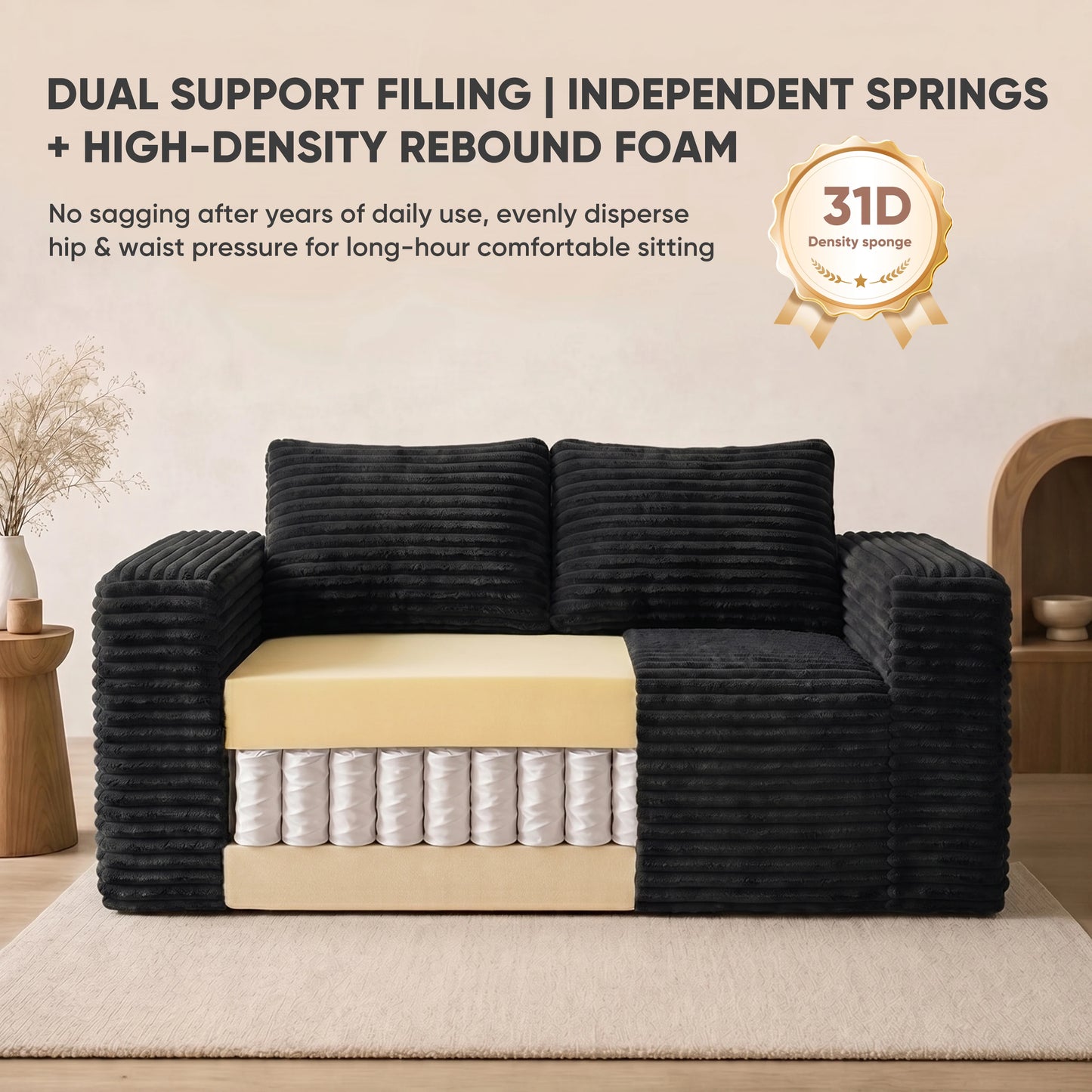 Boneless Deep Seat Loveseat No Assembly Needed Foam Base Sofa Soft Corduroy Fabric Apartment Bedroom Office Modern Living Room