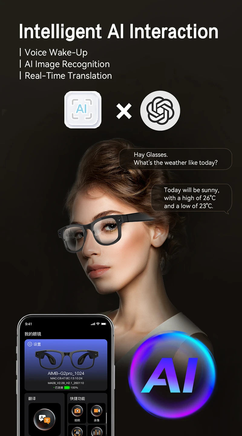4K HD 800W Pixel Camera Smart Glasses Video Recording AI Photo Recognition Bluetooth Call Voice Translation Sunglasses