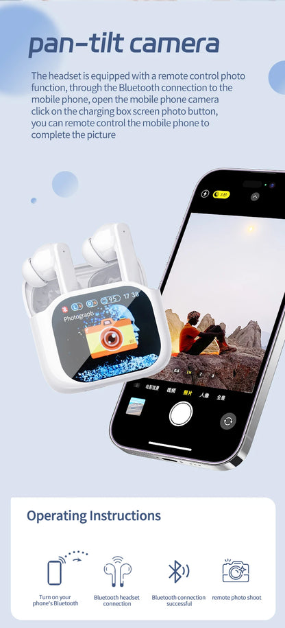 Ai Translation Wireless Earbuds with Touchscreen Charging Case, In-Ear Earphones with Microphone, Compatible with TV/Smartphone