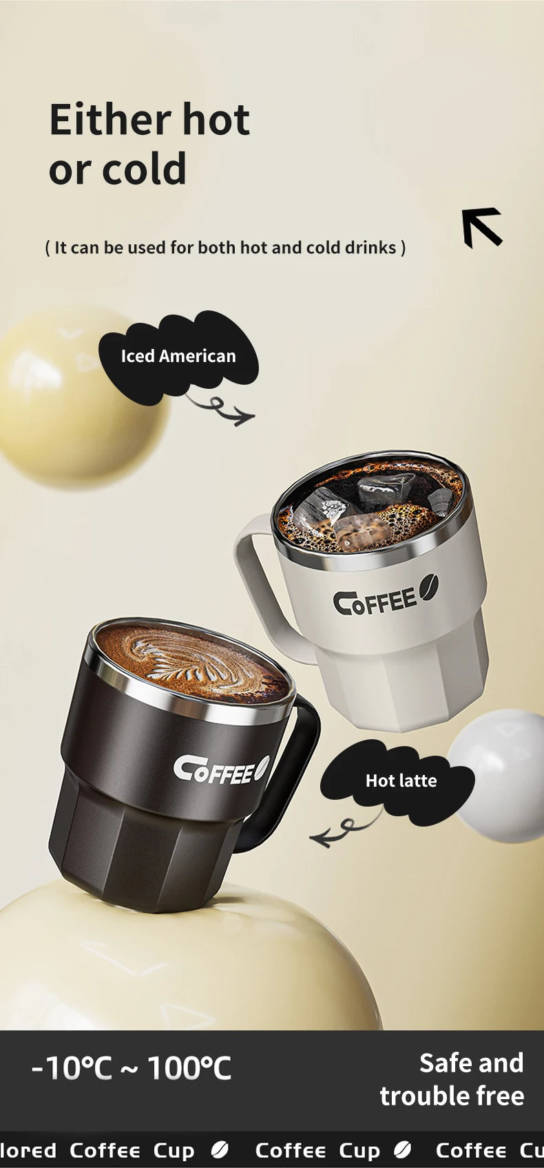 WORTHBUY Coffee Mug With Lid&Handle 304 Stainless Steel Tea Milk Coffee Cup Double Wall Insulated Anti Scalding Drinking Cup