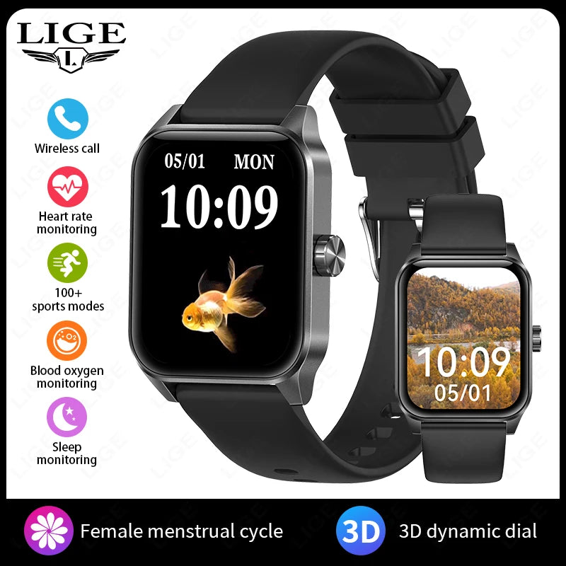 Inteligentny zegarek LIGE dla kobiet i mężczyzn, z połączeniami Bluetooth, sportowa bransoletka fitness, zdrowie kobiet, dynamiczna tarcza 3D, smartwatch damski, nowość 2026
