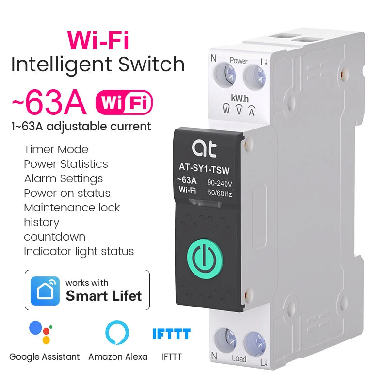 TUYA WIFI Smart Circuit Breaker With Metering 1P 50A 63A DIN Rail for Smart Home wireless Remote Control Switch by APP
