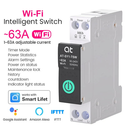 TUYA WIFI Smart Circuit Breaker With Metering 1P 50A 63A DIN Rail for Smart Home wireless Remote Control Switch by APP