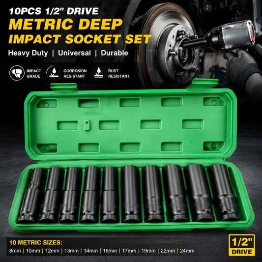 Heavy Duty 10 Pcs 1 2 Inch Drive Metric Deep Impact Socket Set Universal Durable for Pneumatic Air Repair Tools