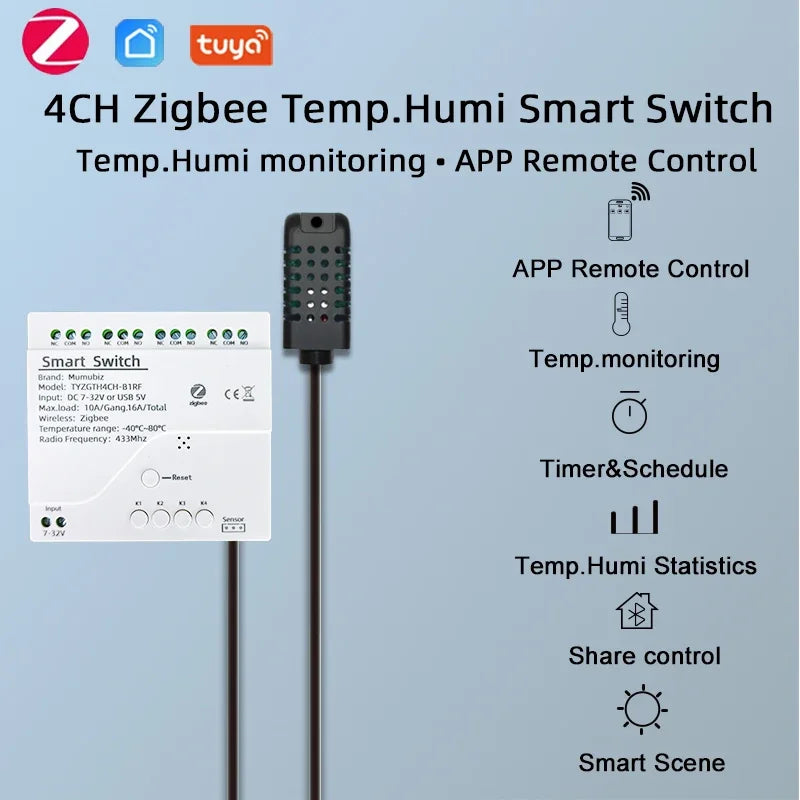 Tuya Zigbee 4 Gang Smart Switch with Temperature or Humidity Sensor Passive Dry Contact 32V 250V Switch Relay Alexa Compatible