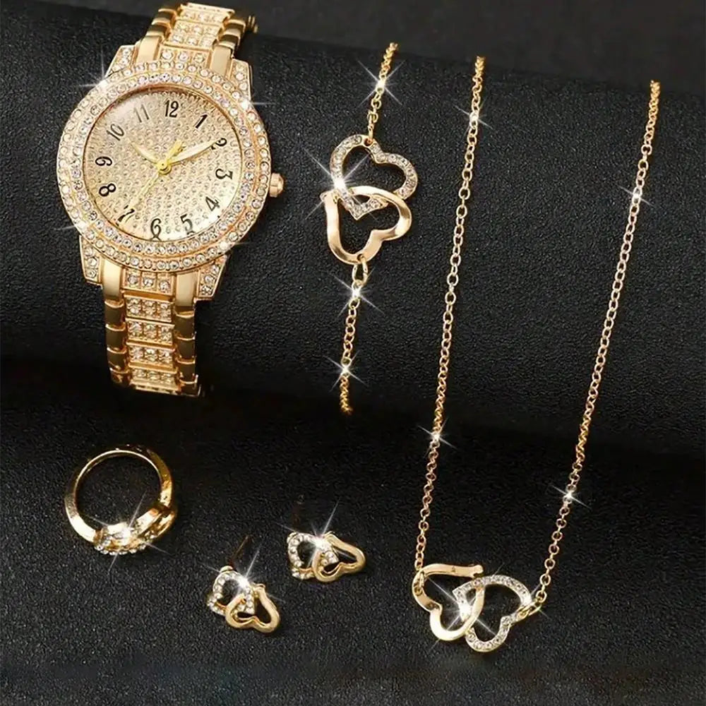 Full Diamond Roman Literal Steel Strip Women's Watch Starry Charm Business Quartz Watch Women's Watch Jewelry Set