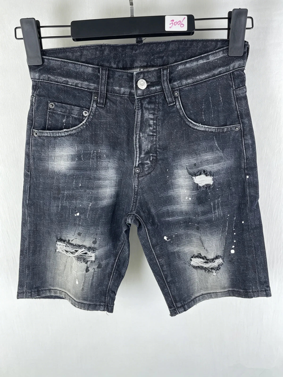 3006 Summer New Men's Jeans Washed Ripped Patch Paint Slim-fit Micro-elastic Denim Shorts Men's Black