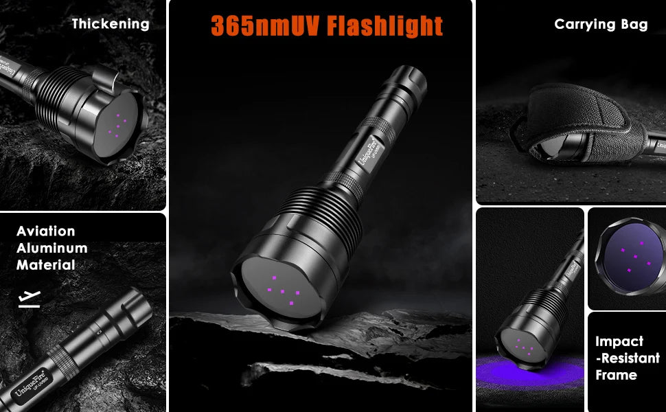 UniqueFire 50W UV500 365NM Black Light LED Flashlight High Power and Long Range Grade Beam Best for Professional/Commercial Use