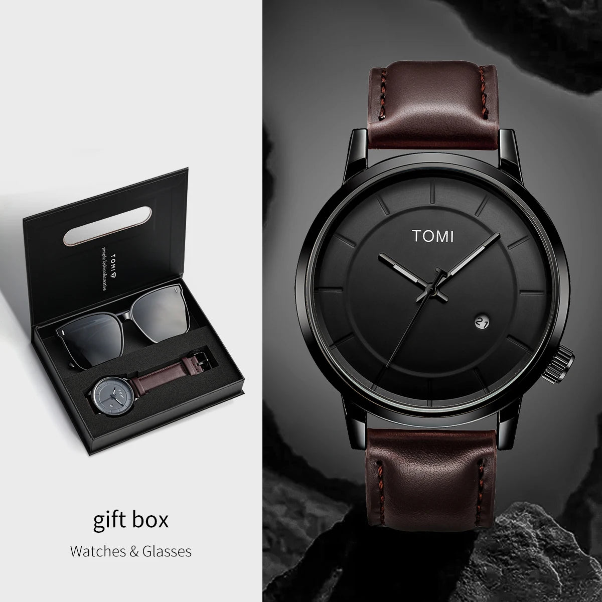 TOMI New 2PCS Casual Fashion Men Watch Gift Box Set Luxury Round Large Dial Calendar Men Quartz Watch Glasses Gift Box