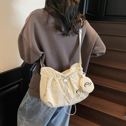Chic Nylon Crossbody Bag Casual Drawstring Messenger Bag with Detachable Pouch, Adjustable Strap Shoulder Purse for Daily Travel