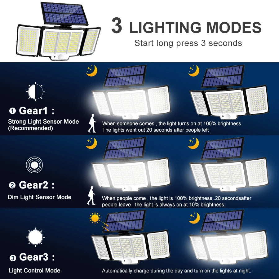Solar Lights Outdoor 348LED 3 Heads Waterproof Solar Powered Security Flood Lights Motion Sensor Outdoor Lights For Garden