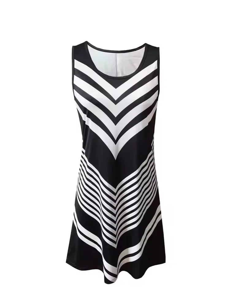 2025 New Fashion Women's Dress Casual Beach Round Neck Sleeveless Loose Dress Summer Women's Vest Striped Print Dress Sundress