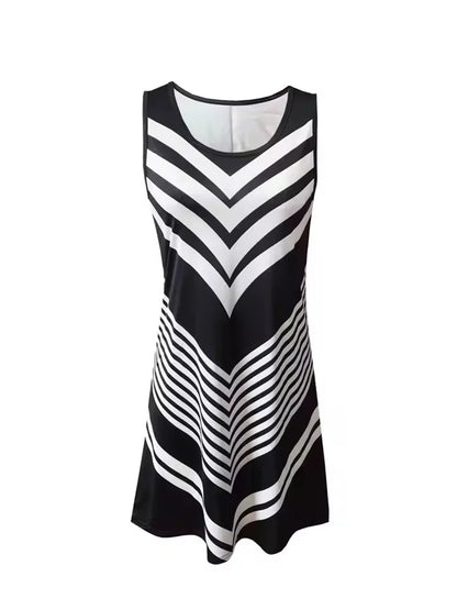 2025 New Fashion Women's Dress Casual Beach Round Neck Sleeveless Loose Dress Summer Women's Vest Striped Print Dress Sundress