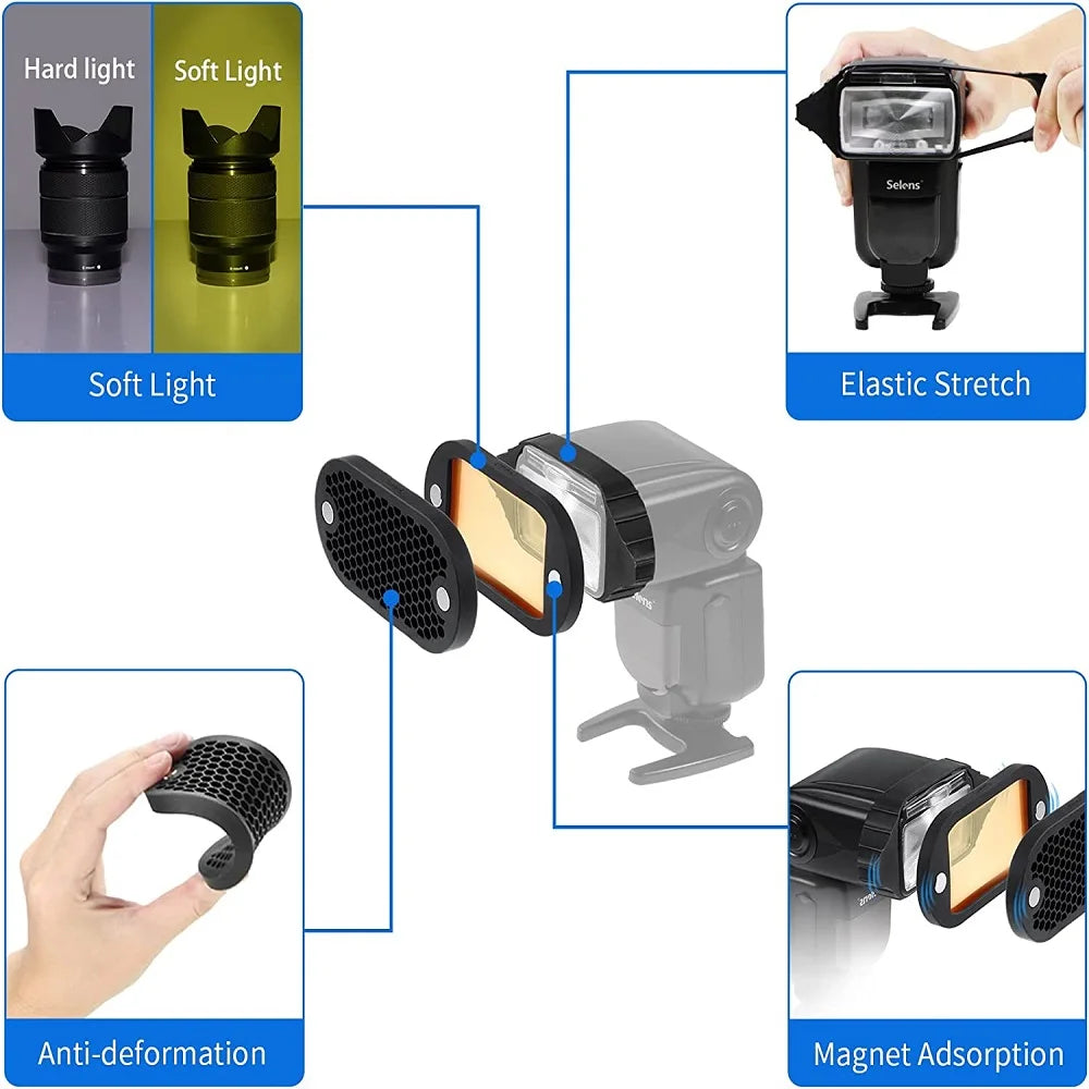 Selens Flash Diffuser 2 in 1 Universal Honeycomb Grid 7 Color Gels Kit Magnetic For Flash Camera Speedlight Photography props