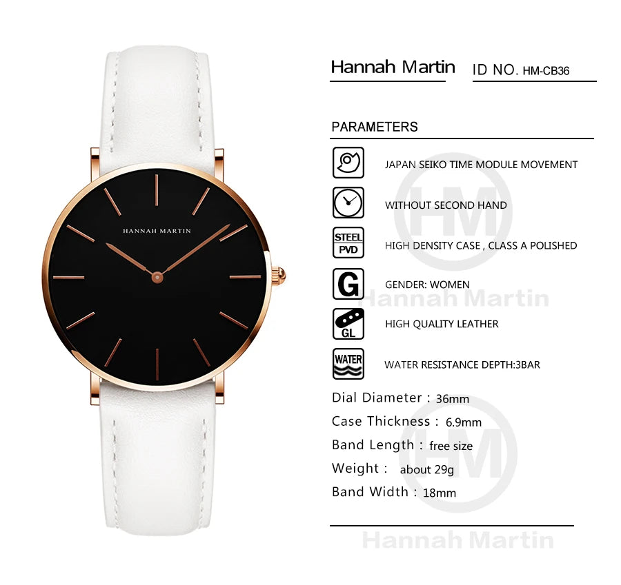 Hannah Martin Hot New Ms Fashion Simple Quartz Movement Watch High Quality Leather Strap Waterproof Lady Watch Relogio Feminino