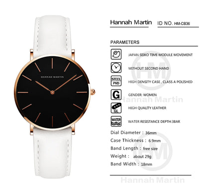 Hannah Martin Hot New Ms Fashion Simple Quartz Movement Watch High Quality Leather Strap Waterproof Lady Watch Relogio Feminino