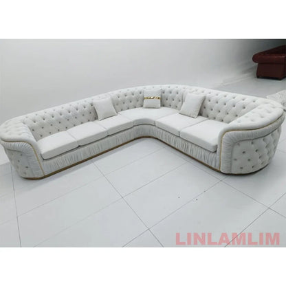 Luxury Chesterfield Sectional Sofa Set with Cloth Buttons and Fabric Modular Couch with Gold Stainless Steel Base, 3-seater Sofa