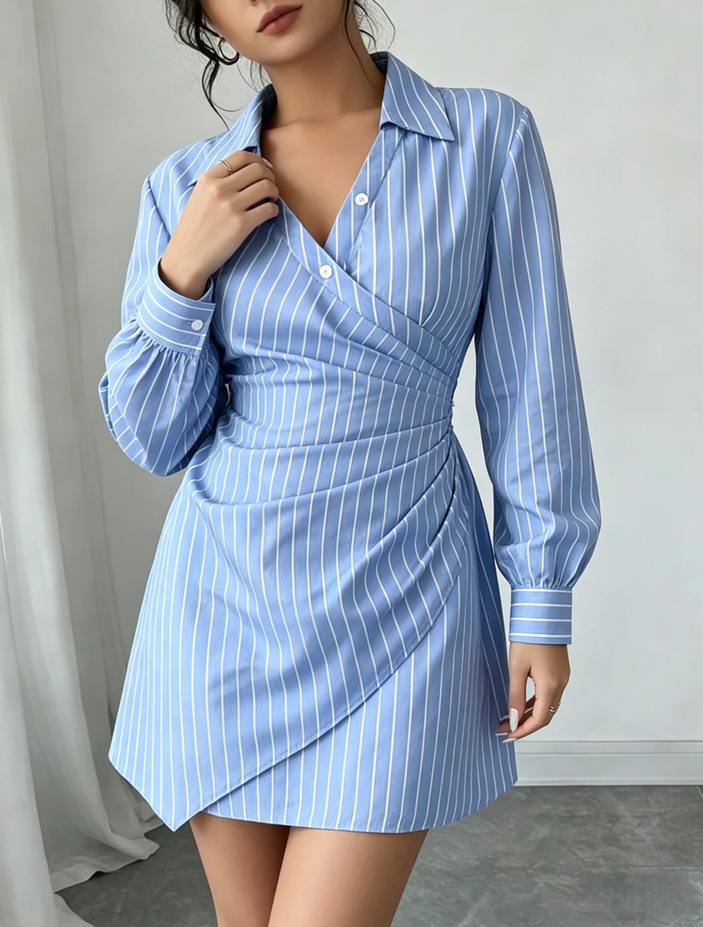 Women Dress Striped Wrap V Neck Ruched Shirt Mini Dress Chic New Spring Summer Preppy Dress Office Work Date Tailored Dress