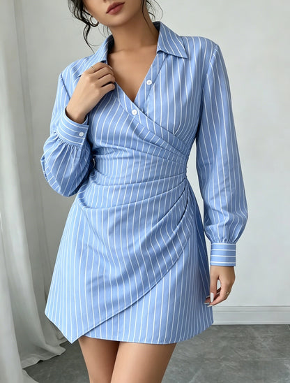 Women Dress Striped Wrap V Neck Ruched Shirt Mini Dress Chic New Spring Summer Preppy Dress Office Work Date Tailored Dress